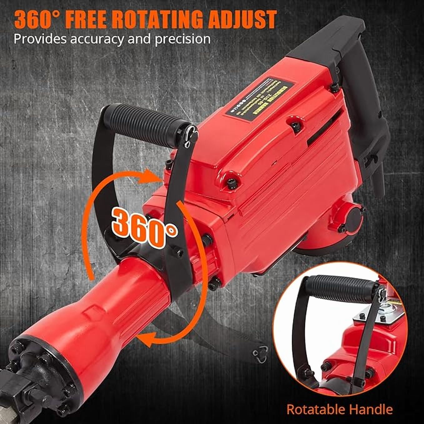 Demolition Jack Hammer - Max 1700W Electric Heavy Duty, Concrete Breaker, 4pcs Pieces Bit, Chipping W/Case, Gloves, Red