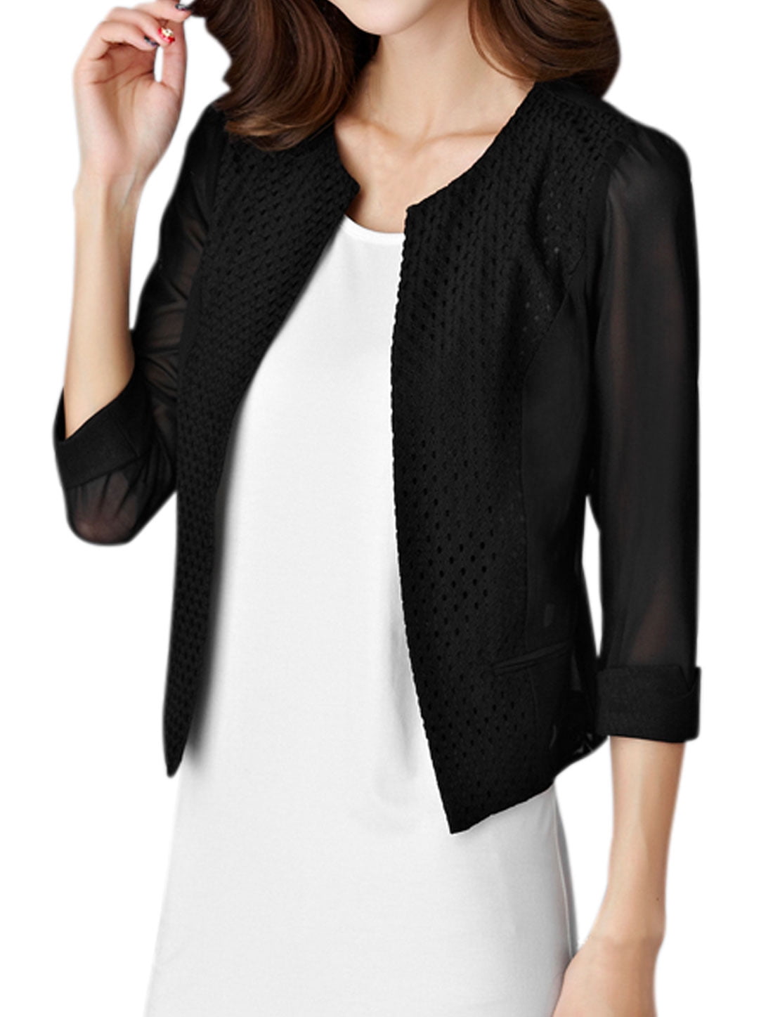 Women Paneled 3/4 Sleeve Front Opening Mesh Jacket Black S Walmart Canada