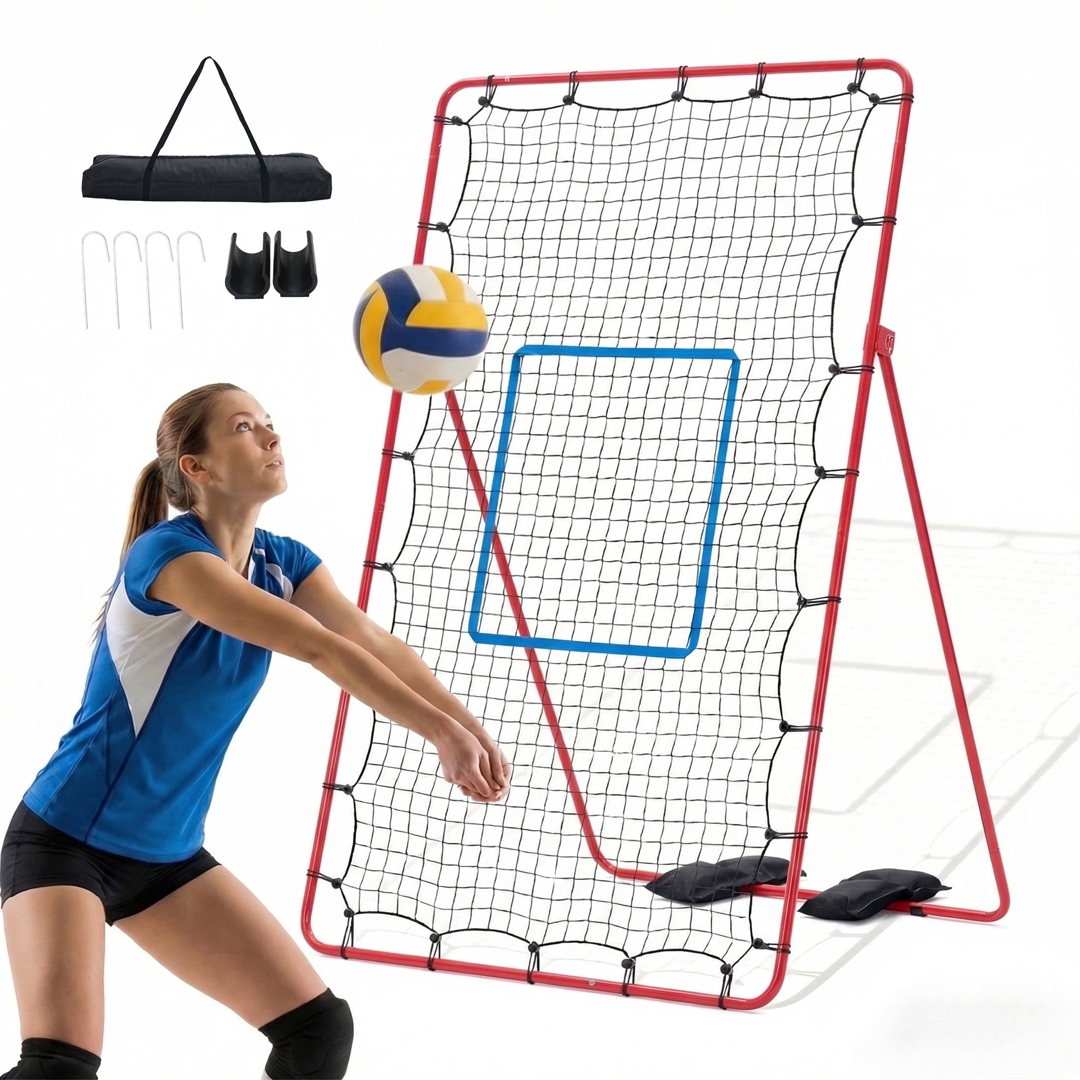 EDX Volleyball Rebounder Net with Travel Bag, Adjustable Angle Training Equipment for Solo Practice & Team Drills, Red