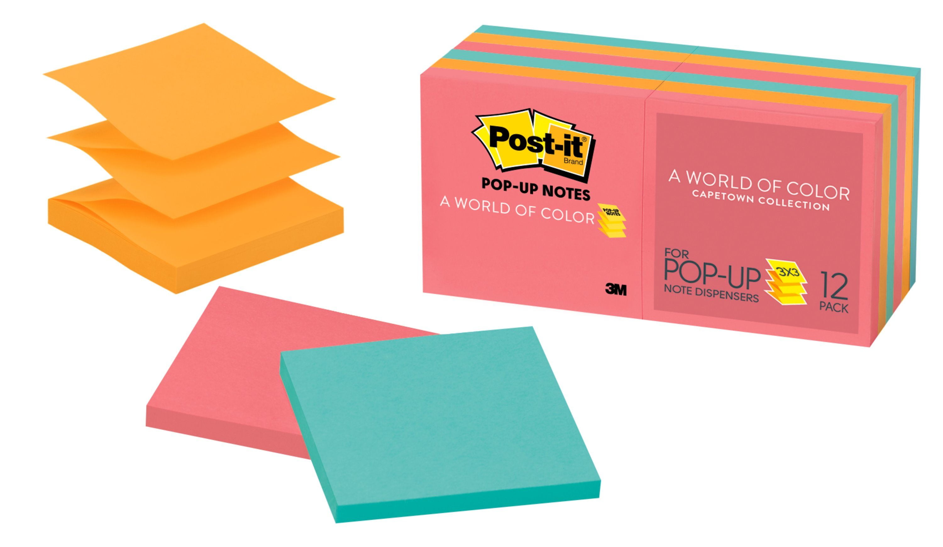 Postit Popup Notes, 3" x 3", Cape Town Collection, 12 Pads Walmart