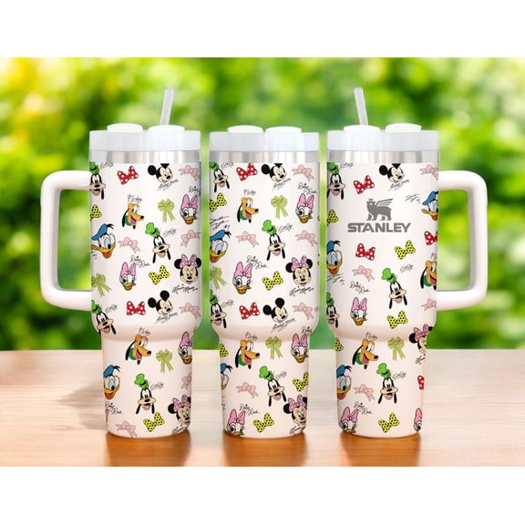 Mickey & Friends 40oz Tumbler with Handle, Cute Cartoon Character Stainless Steel Insulated Travel Mug with Straw, Minnie Bow Coquette Style Cup Gift