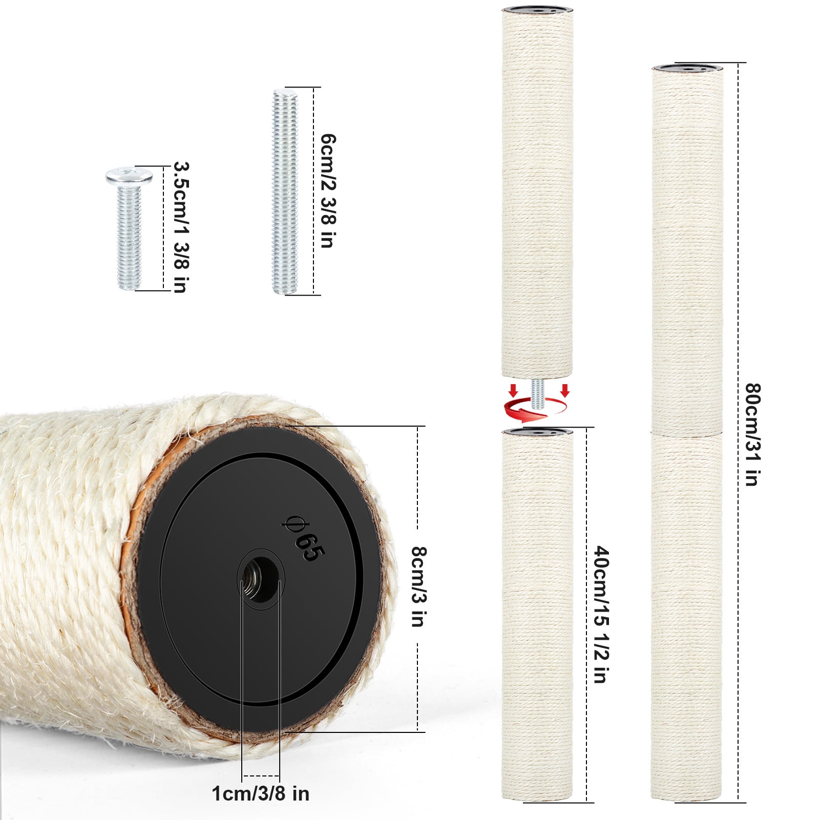 2 PCS M8 Cat Scratching Post Replacement, 15.7 x 3.1 Inch Sisal Pole Cat Tree Replacement Post with Screws, Refill Scratcher Posts for Indoor Kitten Tree Tower Spare Cat Furniture Protector