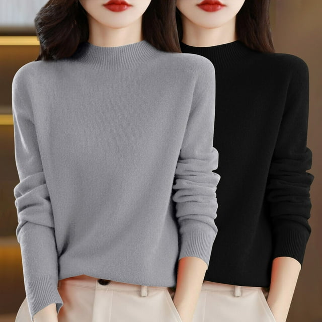 Chandail à Col Rond pour Femmes, Automne et Hiver, 2 Pcs, Couleur Unie, Doux et Confortable