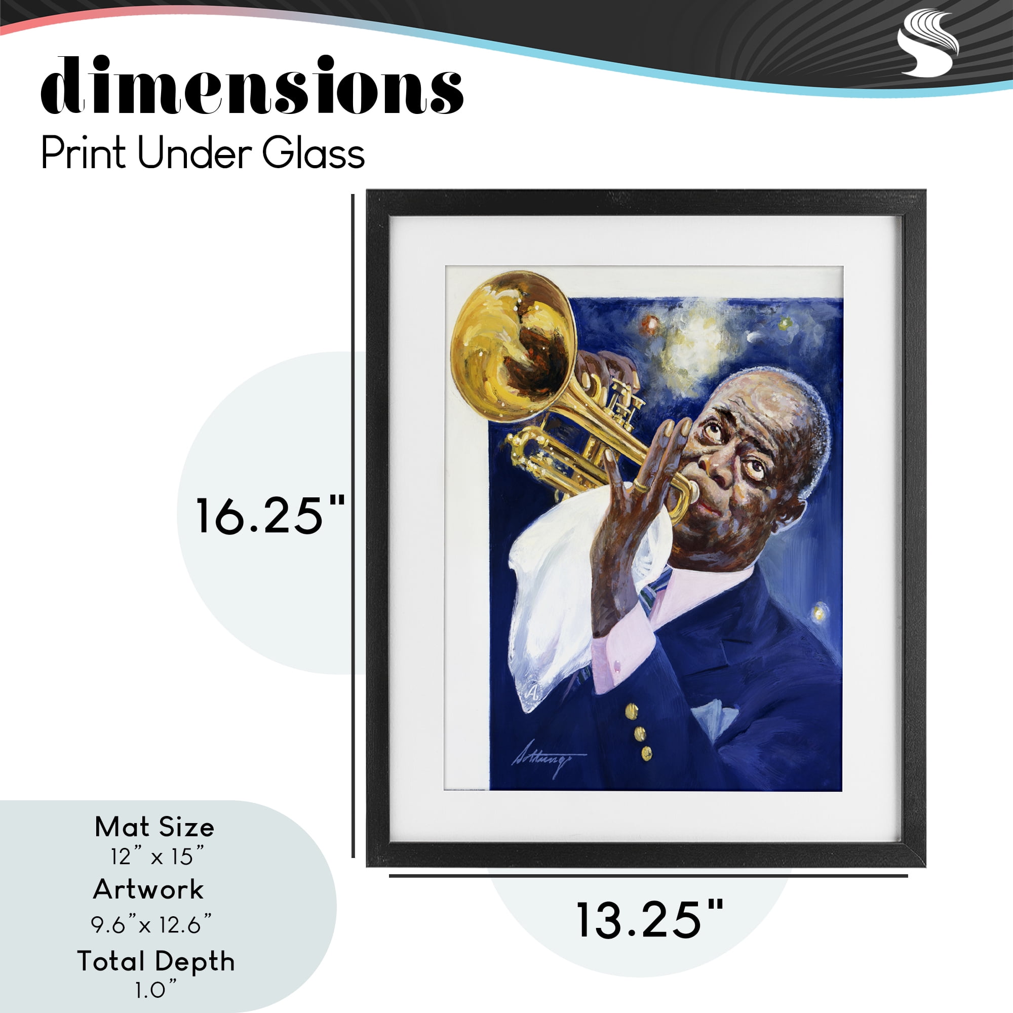 Louis Armstrong Portrait Black Framed Print Under Glass, design by Wind River Studios