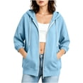 thumbnail image 5 of Hoodie Womens Dqueduo Women's Oversized Casual Solid Color Zip-Up 3/4 Sleeve Elastic Cuff Jacket – Drawstring Hoodie Light Blue XL, 5 of 6