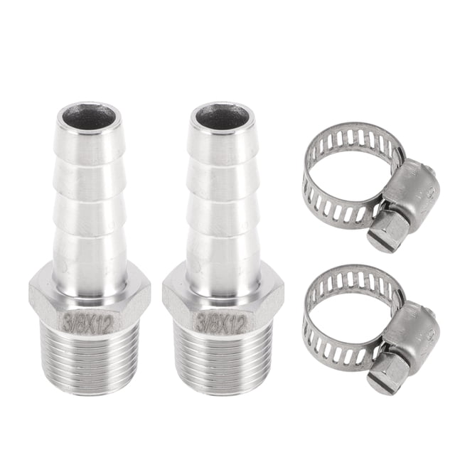 Accesorios de manguera Unique Bargains con 2 abrazaderas, accesorio de compresión de rosca macho para aire, agua, aceite, gas, combustible, acero inoxidable 15/32" OD 3/8" BSPT 1 juego tono plateado