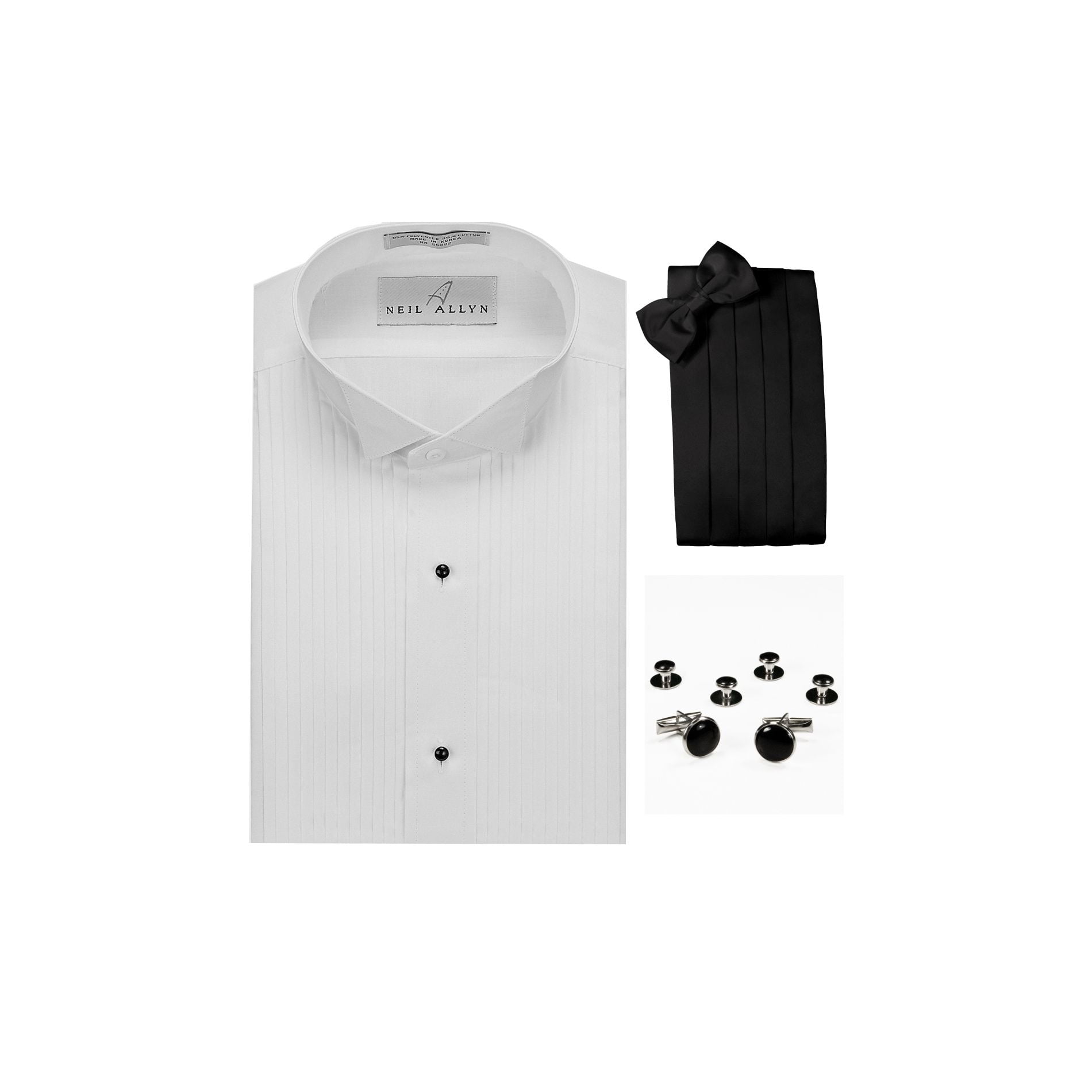 Wing Collar Formal Tuxedo Shirt, Cummerbund, BowTie, Cuff Links