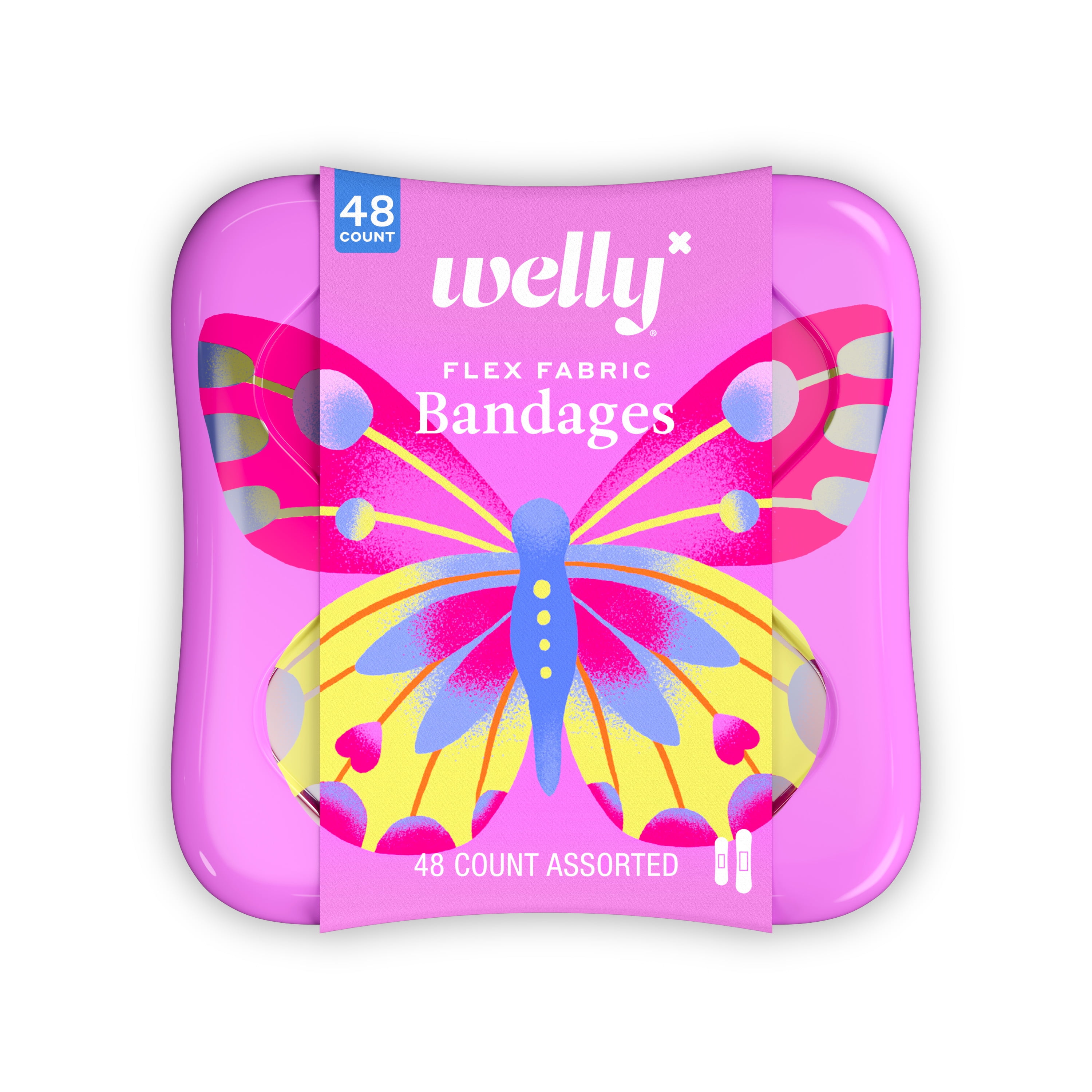 (3 pack) Welly Flex Fabric Bandages, Butterfly Pattern Bravery Badges for Kids, Assorted Sizes, 48 Count
