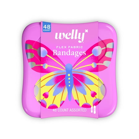 Welly Flex Fabric Bandages, Butterfly Pattern Bravery Badges for Kids, Assorted Sizes, 48 Count