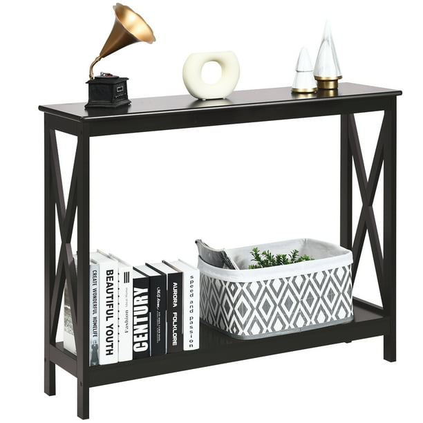 Costway Mesa Consola Mesita Auxiliar con 2 Niveles Repisa Librería en X Estante para Entrada Pasillo y Salón 100 x 30 x 80 cm
