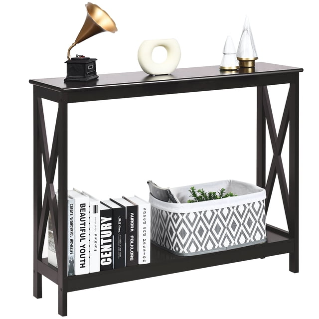 Costway Mesa Consola Mesita Auxiliar con 2 Niveles Repisa Librería en X Estante para Entrada Pasillo y Salón 100 x 30 x 80 cm