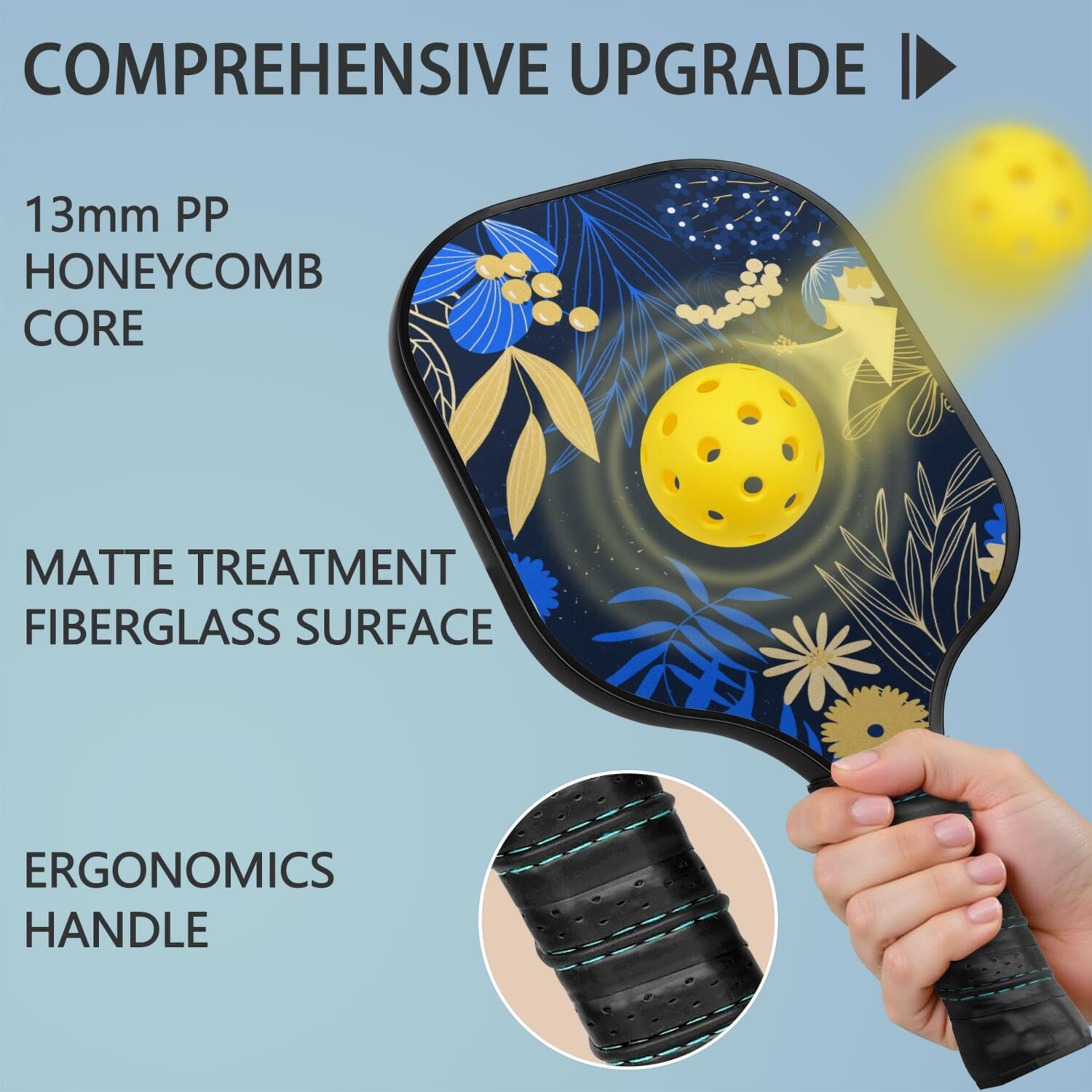 Pickleball Paddles Set Of 1, Fiberglass Surface, Vintage Floral Print, 1 Paddle, 2 Balls & Bag