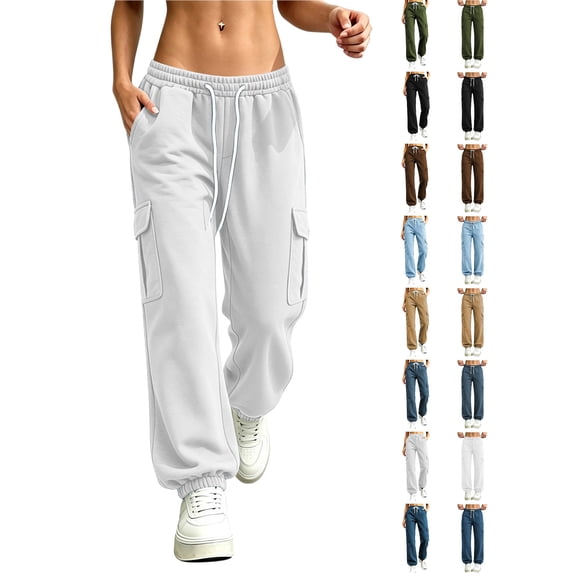 Women's Drawstring Elastic Waist Cargo Jogger Pants, Ghalytn Multi-Pocket Casual Athletic Sweatpants with Cuffed Hem