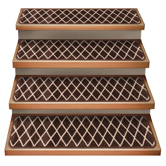 House, Home and More Set of 15 Attachable Indoor Carpet Stair Treads - Diamond Trellis Lattice - Coffee Brown & Vanilla Cream - 9 Inches X 36 Inches