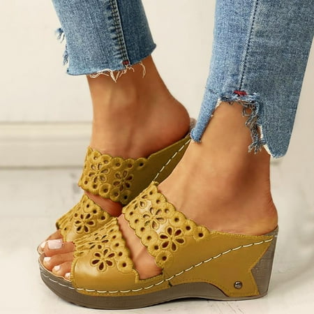 

Christmas Ladies Fashion Solid Color Flower Embroidered Cutout Platform Wedge Roman Sandals