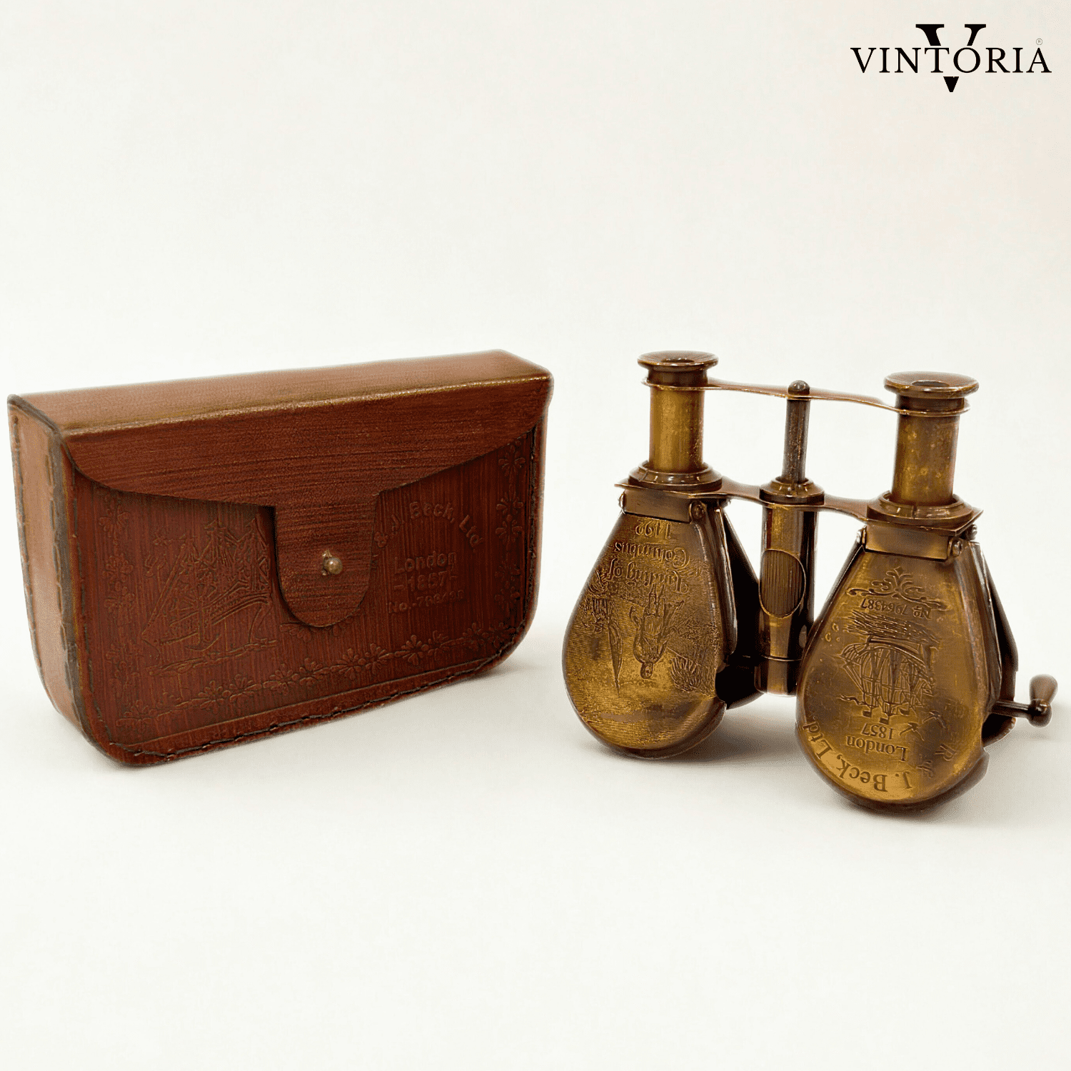 Brass Binoculars with Leather Case Columbus Engraved