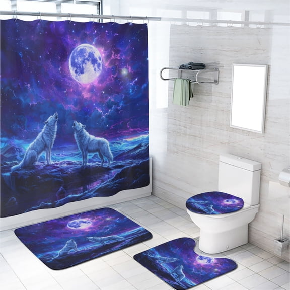 Wolf Shower Curtain Set with Rugs Forest Wild Animals Fantasy Starry Night View Bathroom Decor Bath Curtain with Rugs Toilet Lid Cover Bath Mat, 72x72 Inch