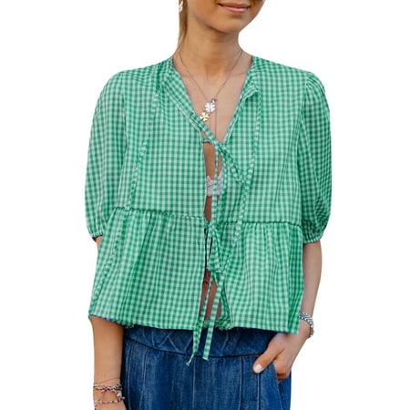SANSIWU Women Plaid Bow Tie Lace Up Front Shirt Top Puff Sleeve Y2K Peplum Ruffle Babydoll Blouse