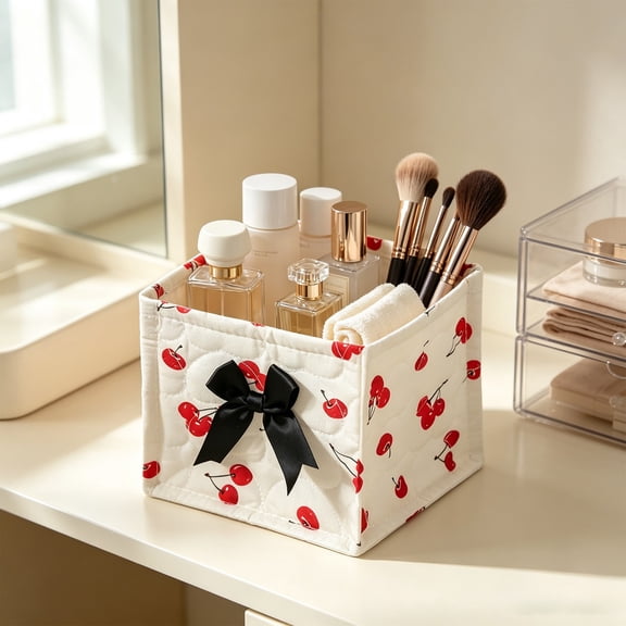 Small Quilted Heart Storage Box, Desktop Organizer with Bow, 5.9 Inch Collapsible Bin for Cosmetics Hair Accessories, Durable Polyester Bedroom She Decor