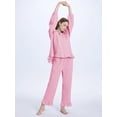 thumbnail image 5 of Womens Plaid Pajamas Sets 2 Piece Cotton Pj Set Puff Sleeve Ruffle Babydoll Shirt Gingham Pants Lounge Sets Pink L, 5 of 7