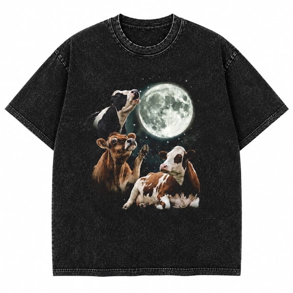 Moonlit Cows Washed T-Shirt, 100% Heavyweight Cotton, 180 GSM, Unisex Classic Fit, Front Graphic