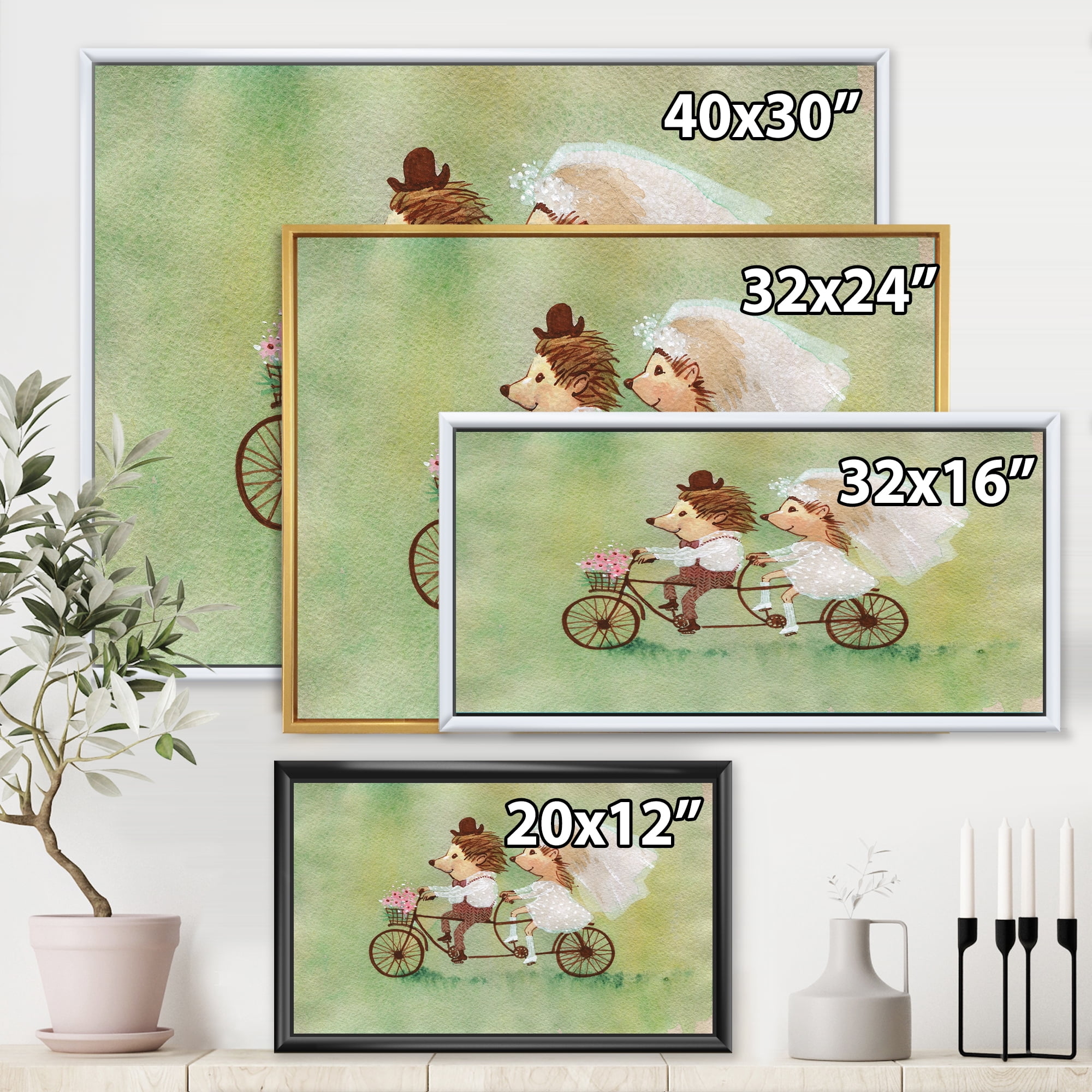 Designart 'Wedding Couple of Hedgehogs Riding A Bike' Traditional Framed Canvas Wall Art Print