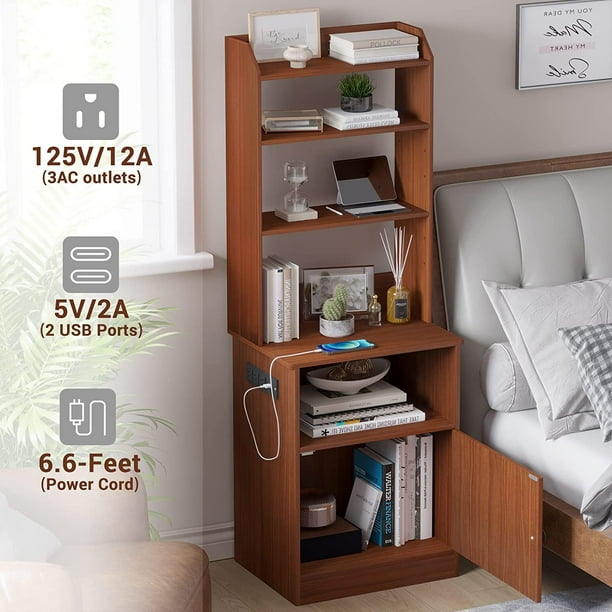 Tall Bedside Table Bookcase with Charging Station,Modern Wood
