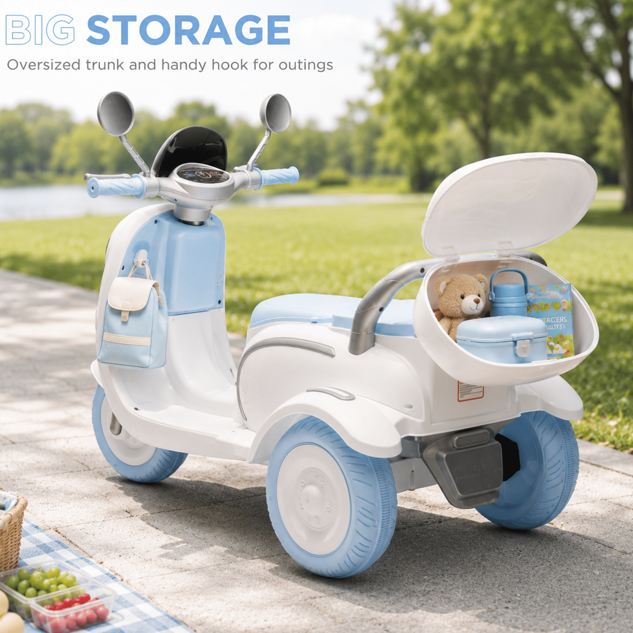 12V Electric Motorcycle for Kids, 2 Seater Battery Power Ride on Motorcycle Toys with Slow Start, LED, Music, USB, 3 Wheel Electric Motorcycle for Boy Girl Birthday Gift, Blue