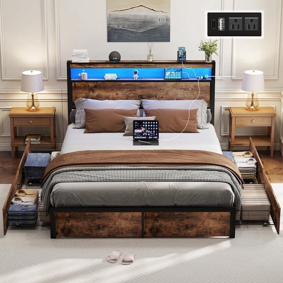 DRNANLIT King Size Bed Frame with 4 Drawers Storage, LED Bed Platform with Headboard, Charging Station, No Box Spring Needed, Vintage Brown