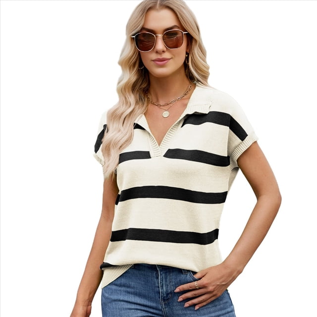 Sudadera de Corta para Mujer, Cuello en V, Casuales A Rayas, Blusas Holgadas de Verano. Albaricoque XL