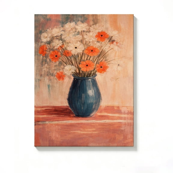 FLASHLUMI 8x12 Inch Vintage Orange & White Flowers in Blue Vase Oil Painting Canvas Wall Art, Rustic Floral Still Life Home Decor for Living Room Bedroom, No Frame