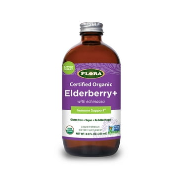 Flora Organic Black Elderberry Syrup   8.5 fl. Oz. - Immune Booster with Echinacea, for Kids & Adults, No Added Sugar, Gluten Free, Vegan, SambuGuard