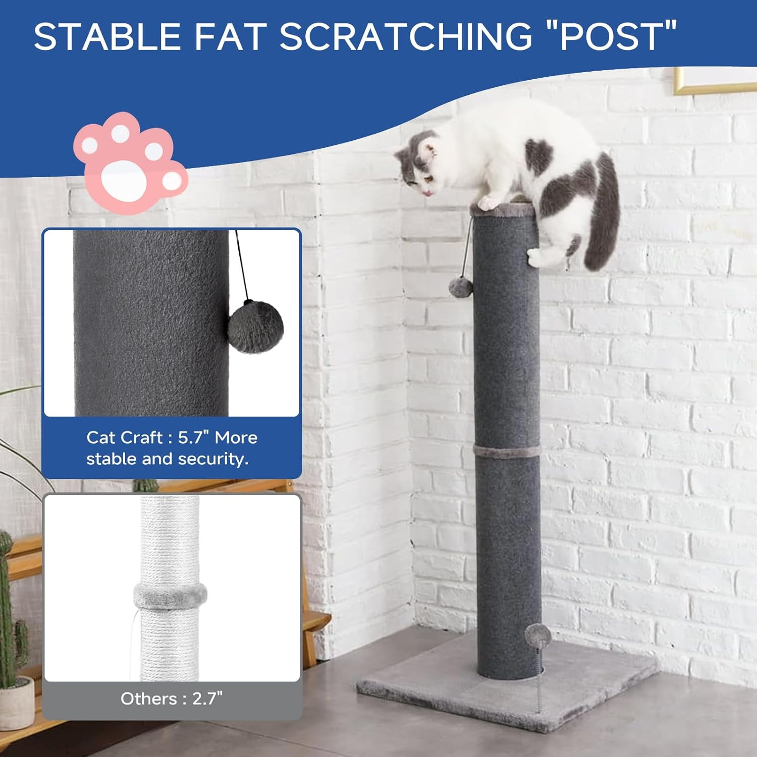 Cat Craft 41.73 ” Tall Gray Faux Fur Large Cat Scratching Post with Replaceable Toys and Sturdy Base