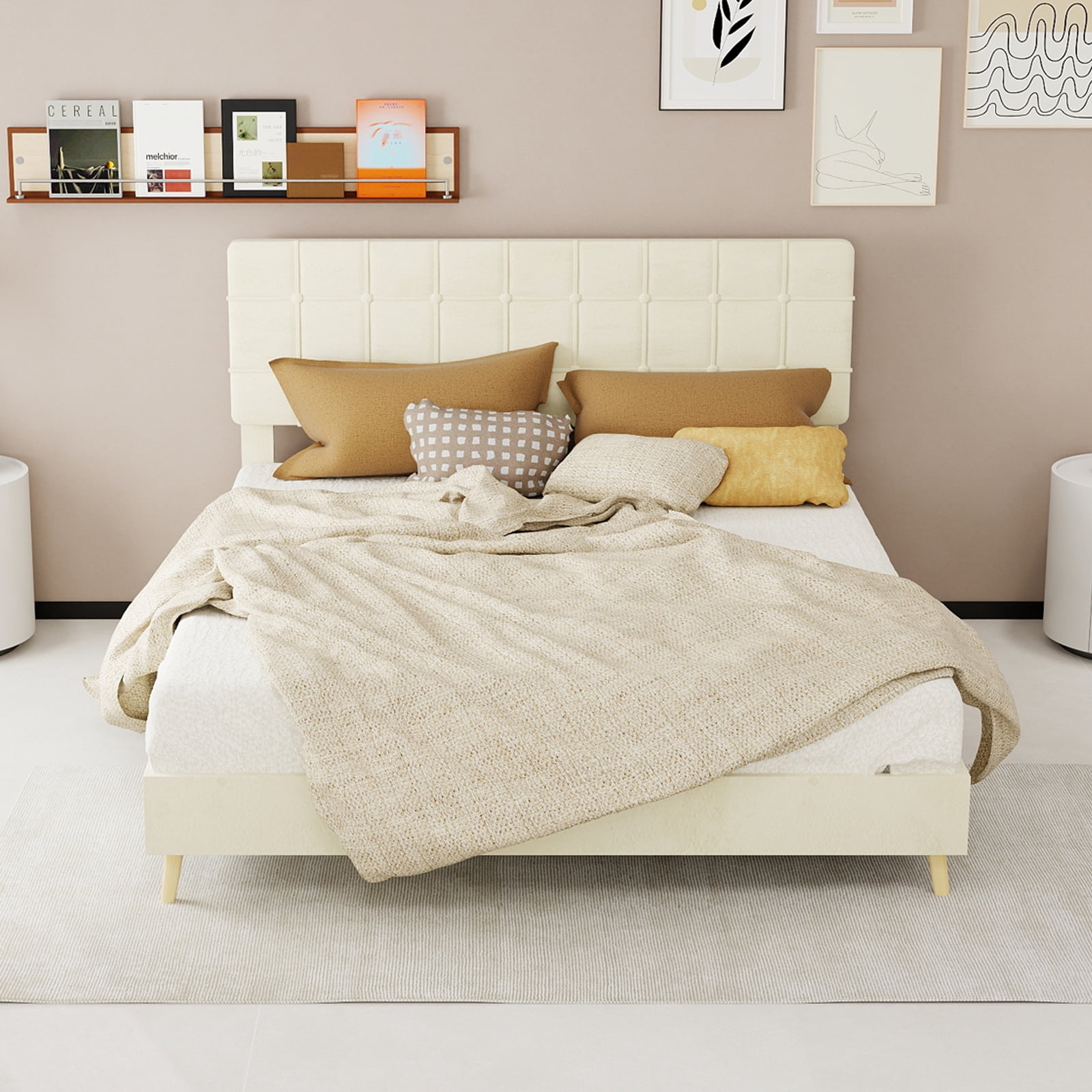 Leumius Queen Size Upholstered Platform Bed Frame with Tufted Headboard and Ergonomic Padding,Beige