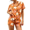 thumbnail image 5 of Halloween Pajamas for Women Satin Silk Oversized Fit Soft Comfort Spider Print Halloween Pj Shorts Set Ruffle Lingerie Notch Collar Sleepwear, 5 of 6