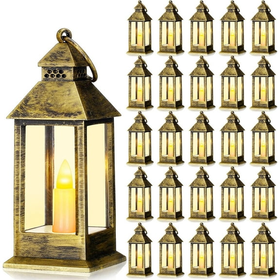 24 Set Ramadan Lanterns Vintage Lanterns with Flickering LED Lantern with LED Candles 5.5'' Decorative Hanging Candle Lantern Battery Powered Decorative Lantern for Wedding Table(Bronze)