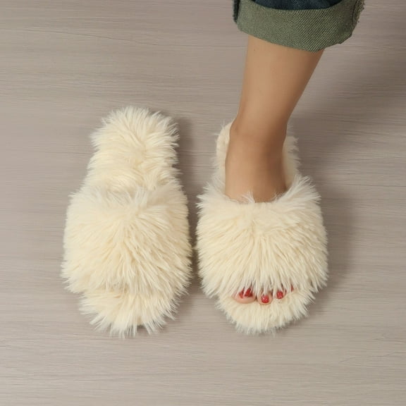 Qicasul Women's slipper Winter Fuzzy Fluffy Slippers Indoor Cozy Shoes With Sole for Home Comfort And Warmth Beige