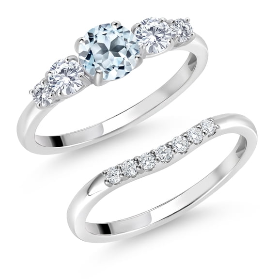 Gem Stone King 10K White Gold Sky Blue Topaz and White Lab Grown Diamond 5 Stone Bridal Engagement Wedding Ring Set for Women (1.01 Cttw, Round: 5MM and 3MM, Size 9)