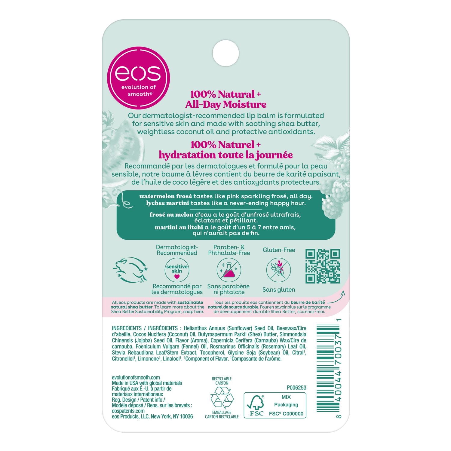 eos 100% Natural Lip Balm Sticks- Watermelon Frosé and Lychee Martini, All-Day Moisture, 4g, 2 Pack