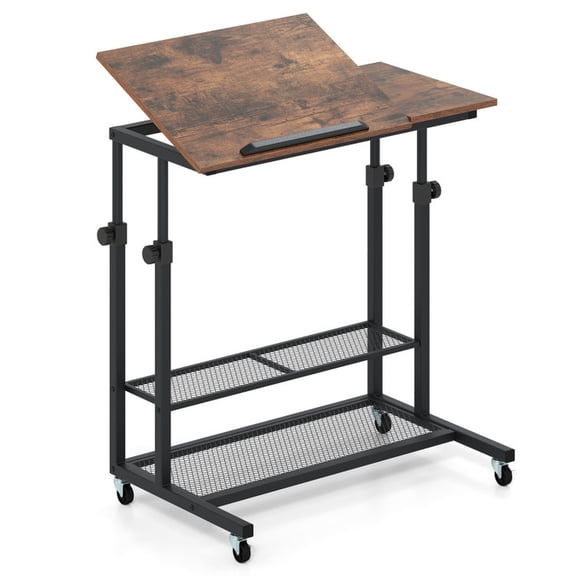 Furnibear Mobile Standing Desk Height Adjustable Sit Stand Desk with Tilting Tabletop and Mesh Shelves for Home Office, Rustic Brown