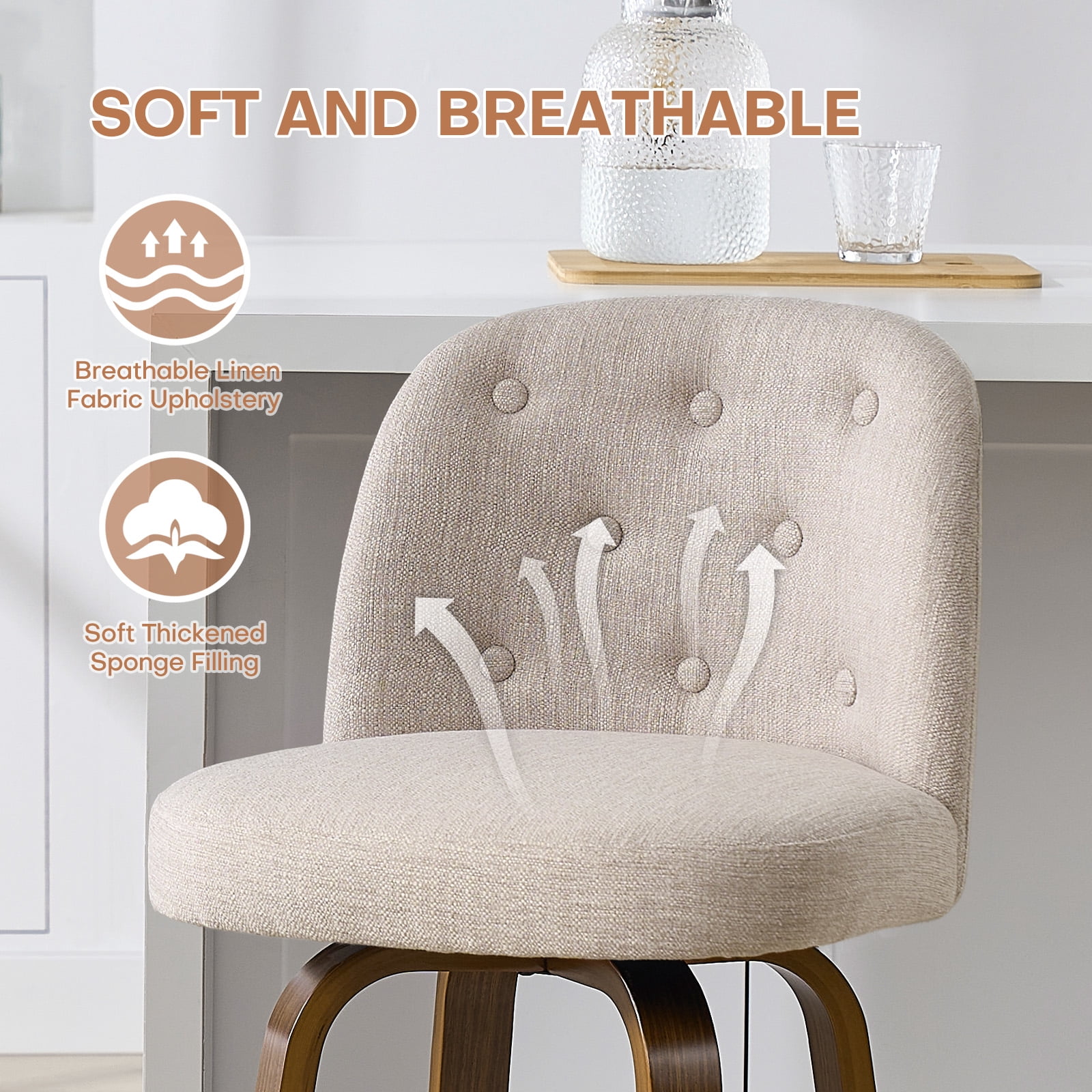 Foreate Swivel Bar Stools Set of 2, 29" Upholstered Linen Fabric with Button-tufted Mid-Back & Wood Legs, Modern Chair Kitchen Pub Island Counter Stool