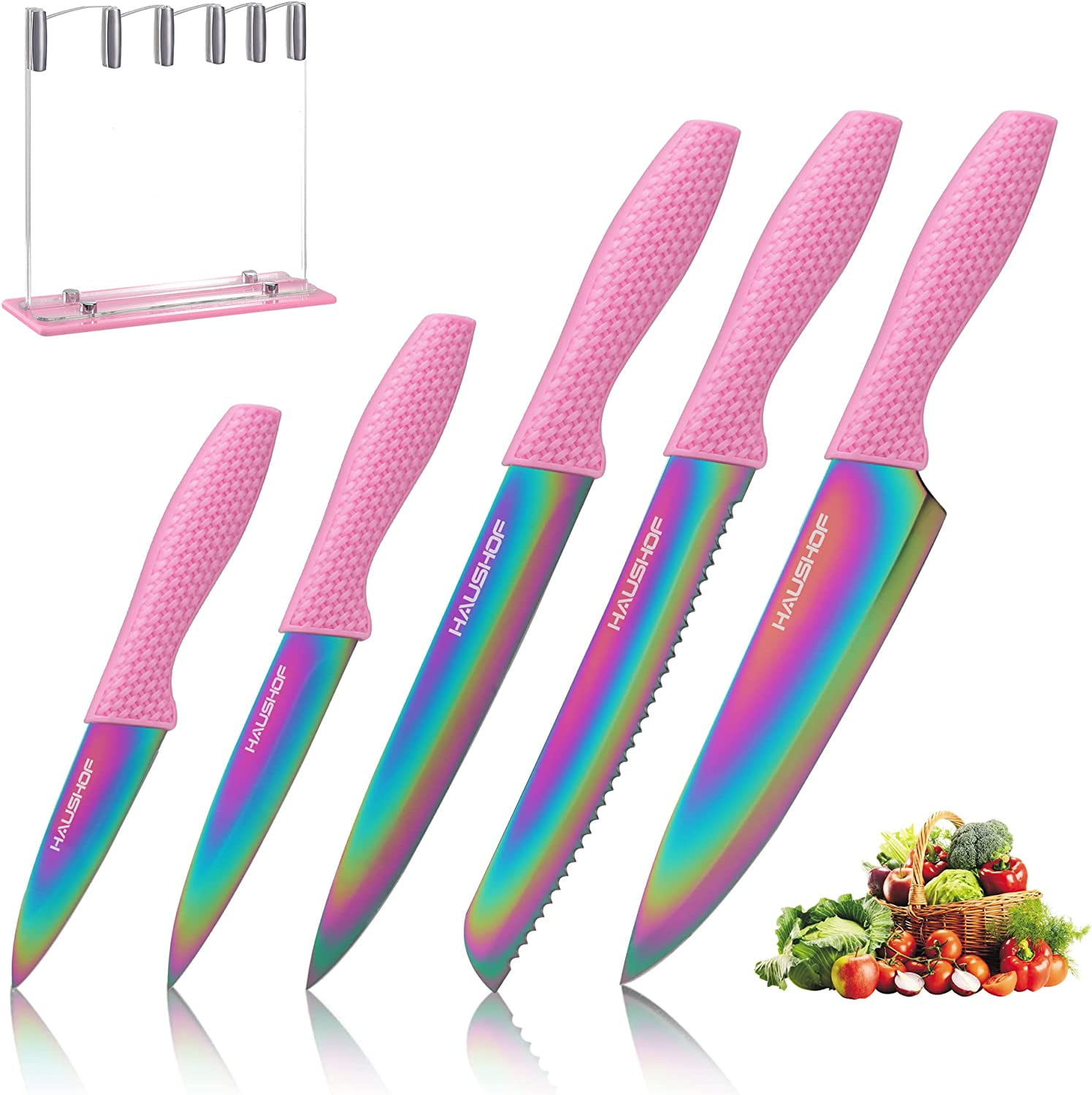 HAUSHOF Kitchen Knife Set, 5 Piece Rainbow Knife Sets with Block