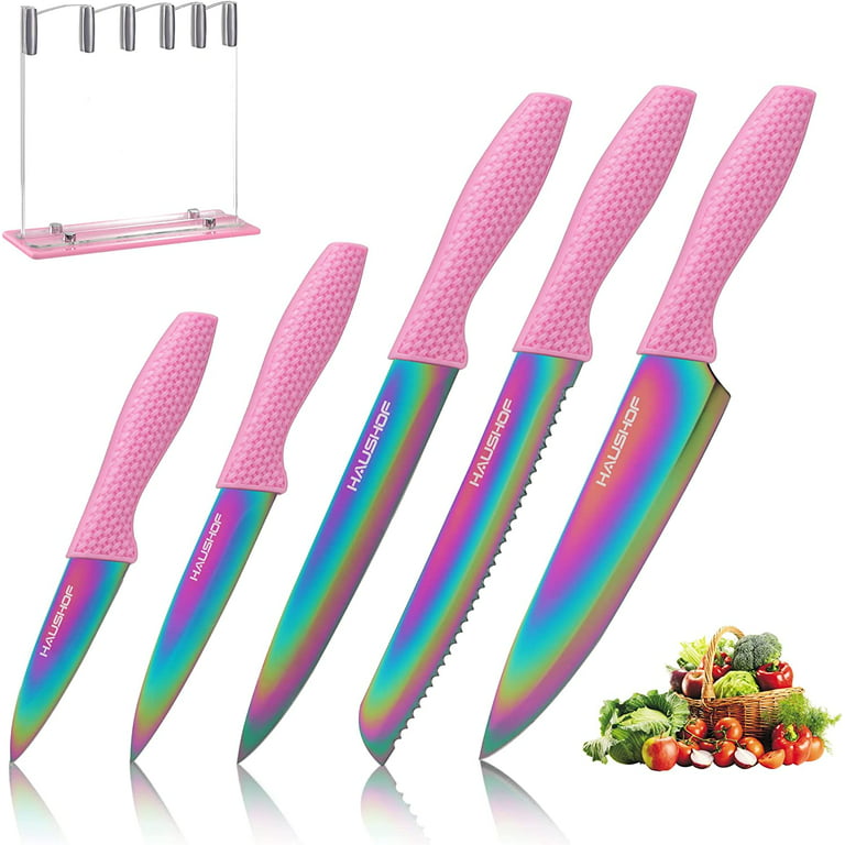 (Pink)Colorful 6 Piece Knife Set Stainless Steel Practical Kitchen Knife Set