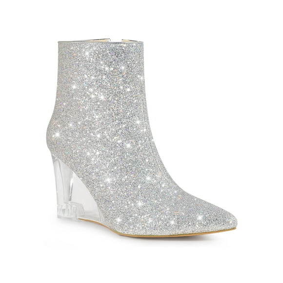 BLISSFUL STEP Women's Sparkly Glitter Pointed Toe Clear Wedge Ankle Boots Silver 7