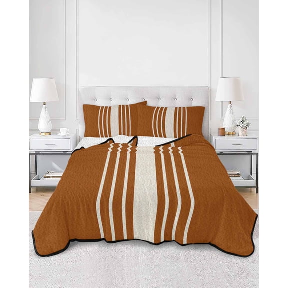 Quilts Queen Size, Burnt Orange Beige Striped Soft Comforter Bedding Set for Bed, Modern Farmhouse Retro Lines Lightweight Quilted Bedspread with Pillow Cover(2 Pieces) for All Season, 90x96 Inch