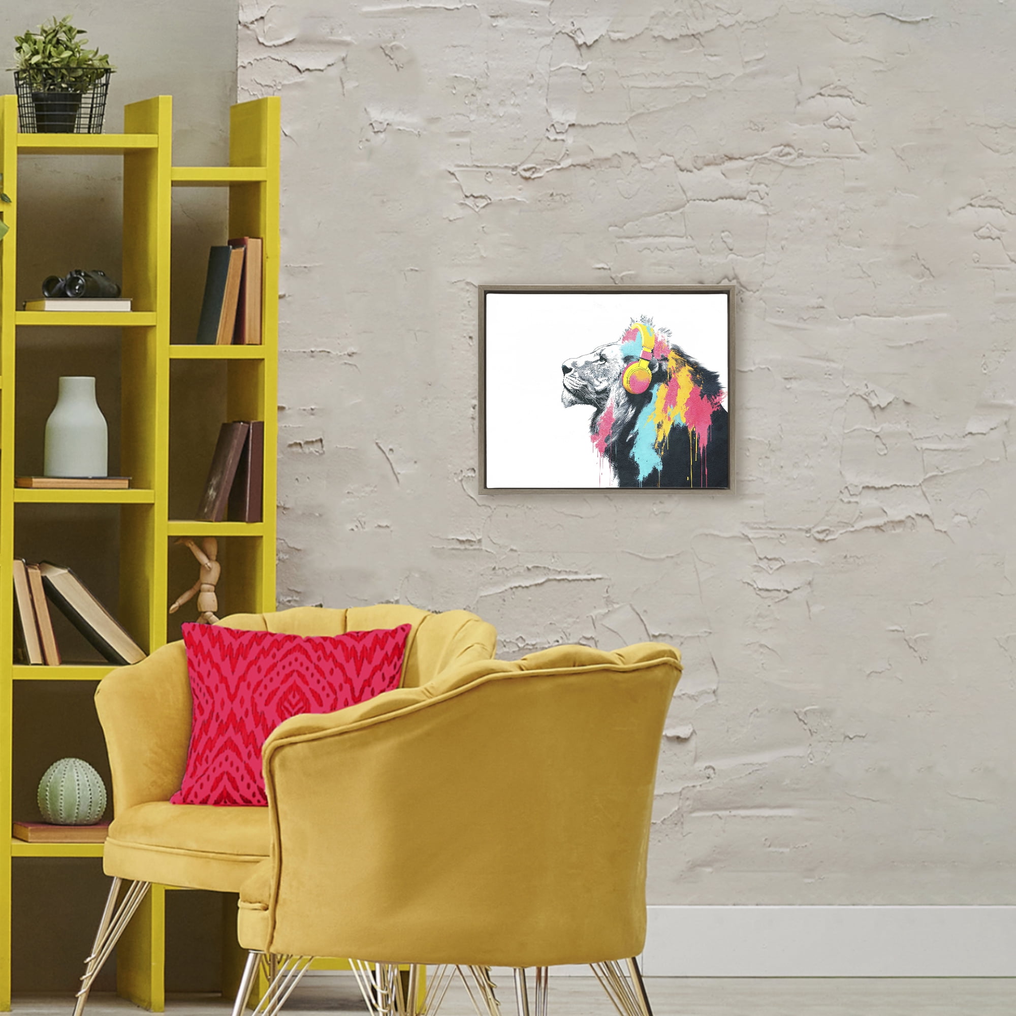 Stupell Industries Lion On Air Headphones Brown Framed Floater Canvas Wall Art, design by Svetlana Aleynikova