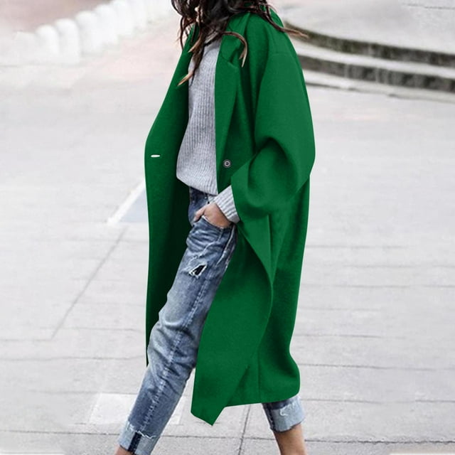 RXMEKW Wool Coat for Women, Solid Color Oversized Button Closure with Functional Pockets, Mid-Length Casual Blazer Style Jacket for Fall and Winter