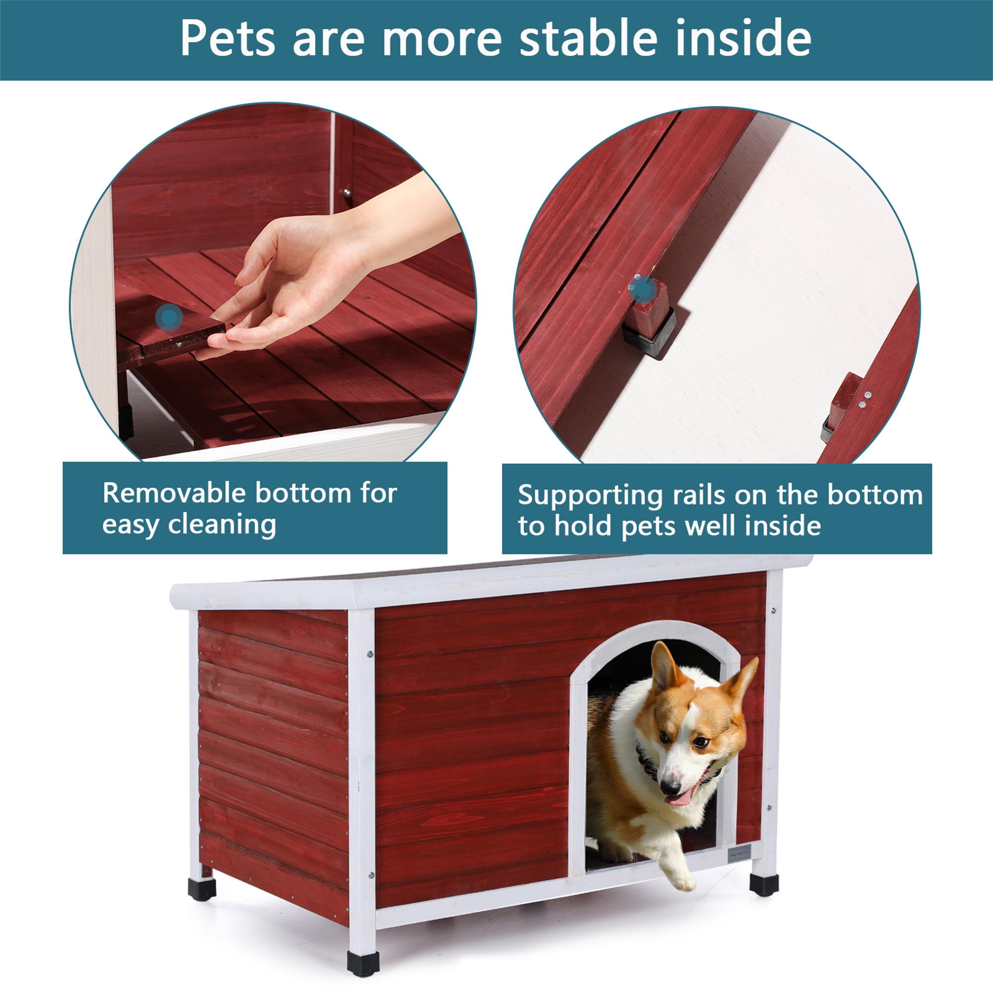 Pefilos 41.5" Width Wooden Dog Houses for Small Medium Large Dogs Outdoor Weatherproof Dog Kennel with Raised Feet, Red