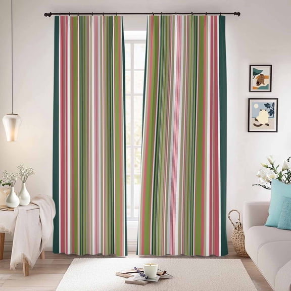 Colorful Striped Blackout Curtains for Bedroom/Living Room, Pinch Pleated Black Out Curtains, Sage Green Pink White Vertical Lines Room Darkening Window Drapes with Hooks 2 Panels, 59"x70"