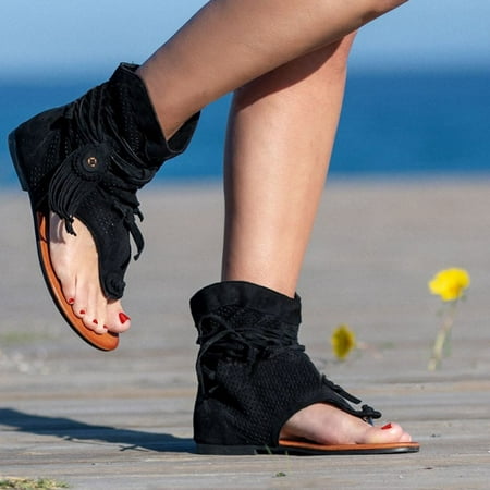 

Women Shoes Women Girls Retro Bohemian Tassel Sandals Roman Beach Shoes Boots Black 8.5